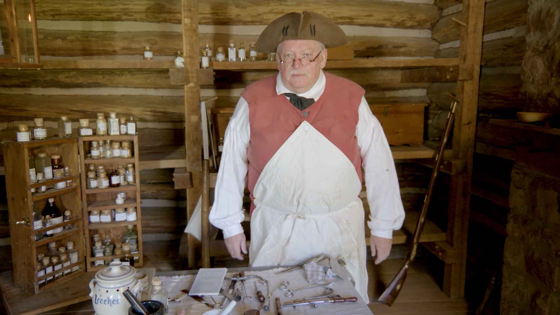 Man portraying a Revolutionary War era doctor at Fort Roberdeau