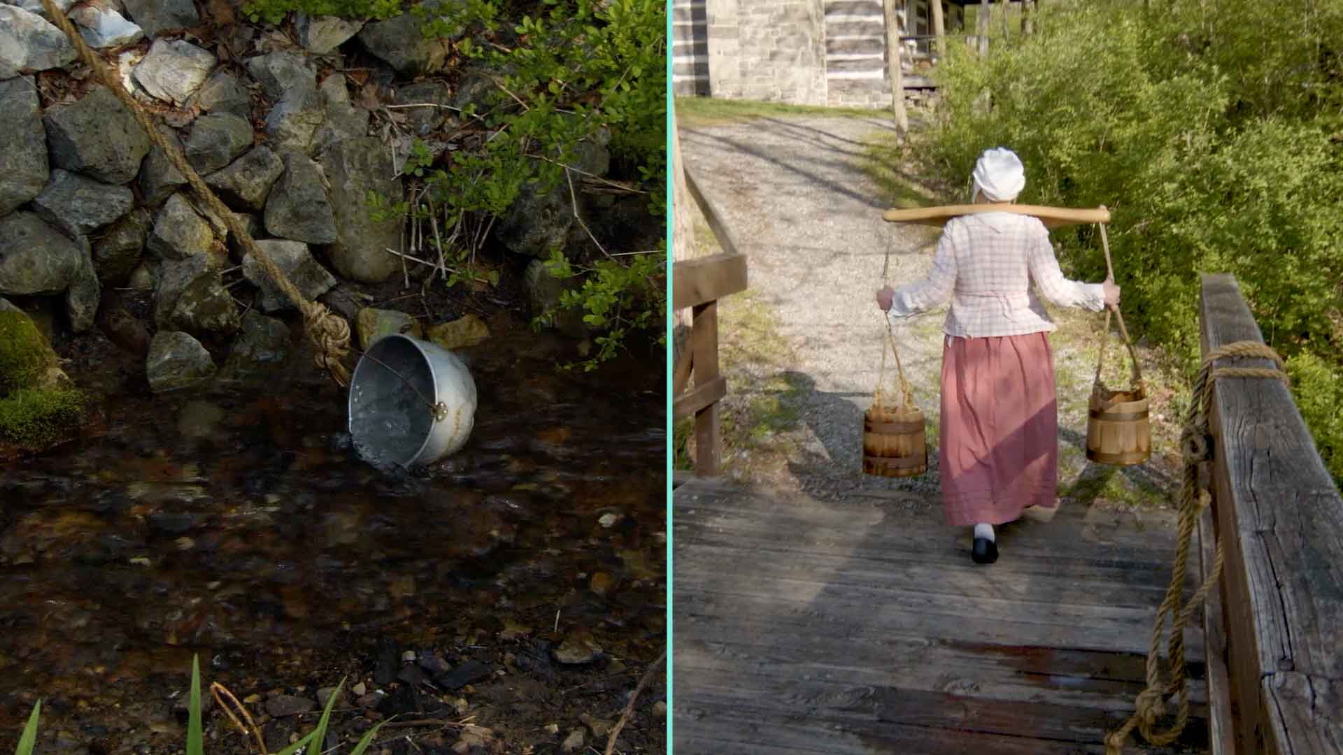 person in colonial era clothing carry buckets of water
