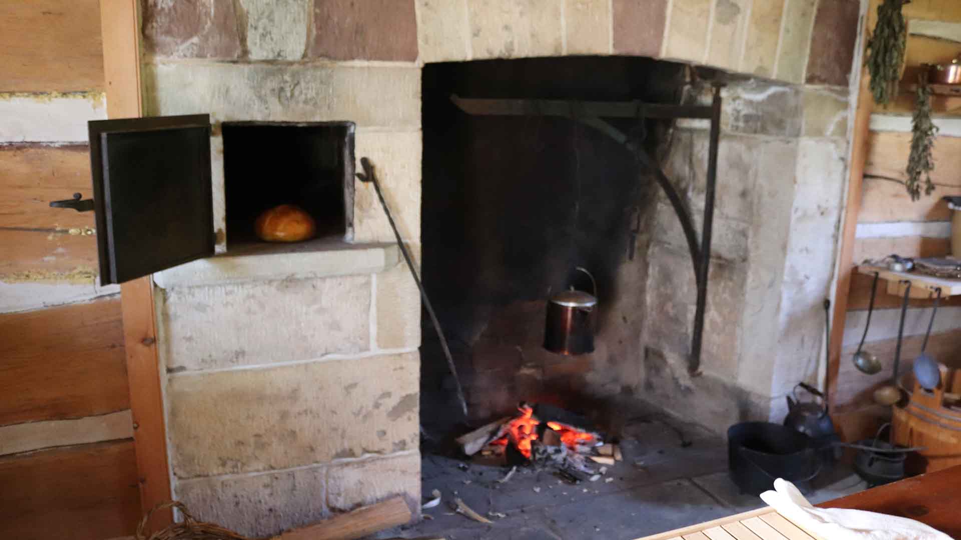 fireplace inside the log house and Fort Roberdeau