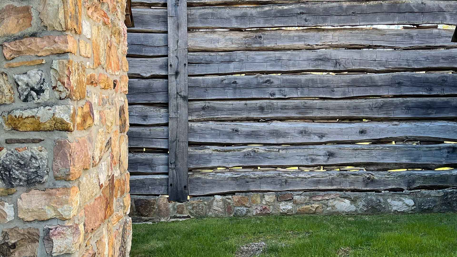 Log wall on stone foundation of Fort Roberdeau