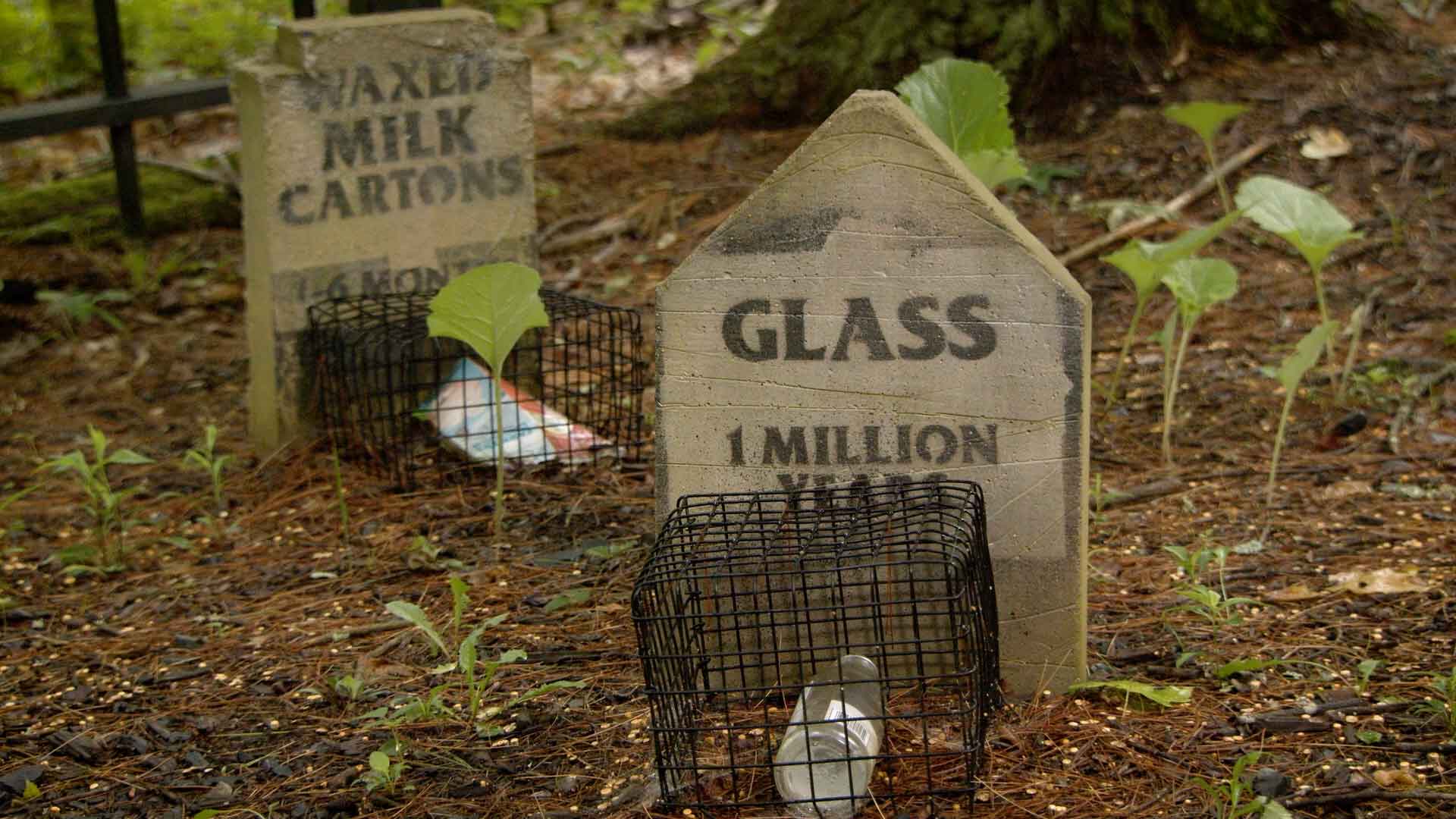 mock tombstone reading glass takes 1000 years to decompose 