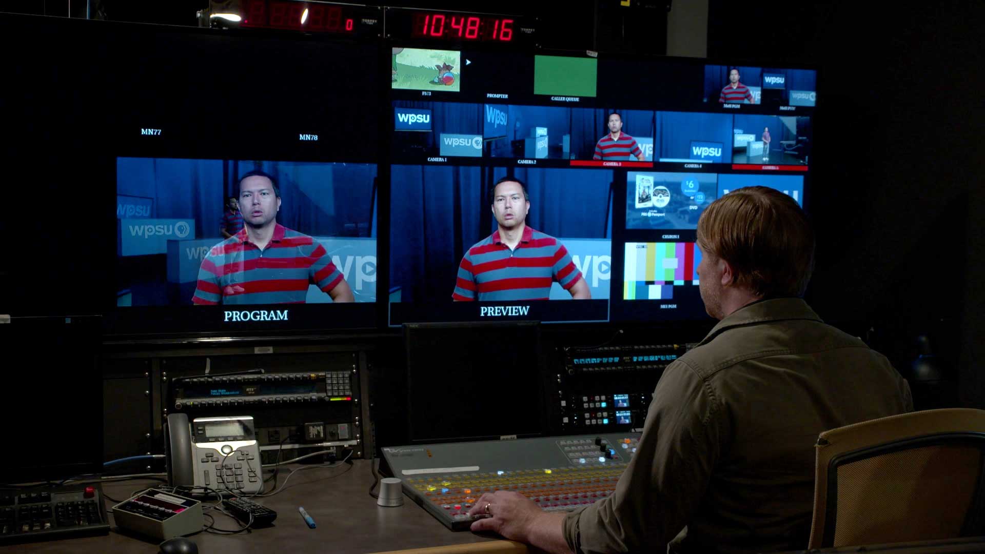 WPSU technician in a tv broadcast control room